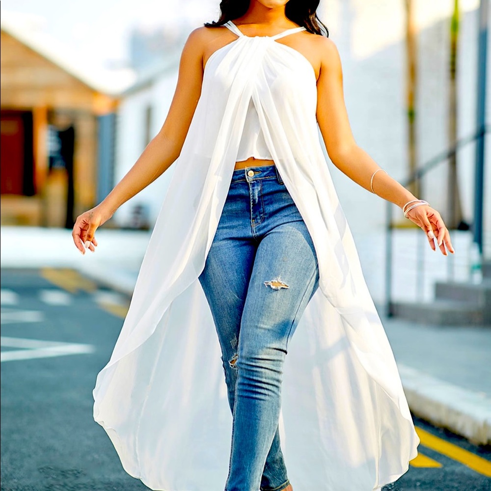 Cross Strap Chiffon Asymmetric Hem White Camisole Top
